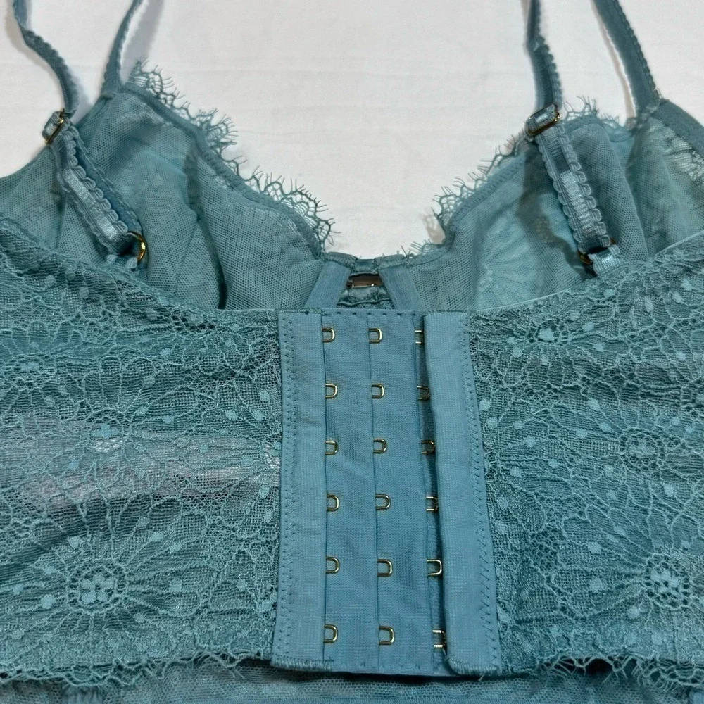 Victorias Secret Teal Floral Lace Longline/Corset Bra‎ Unlined Underwire 32D